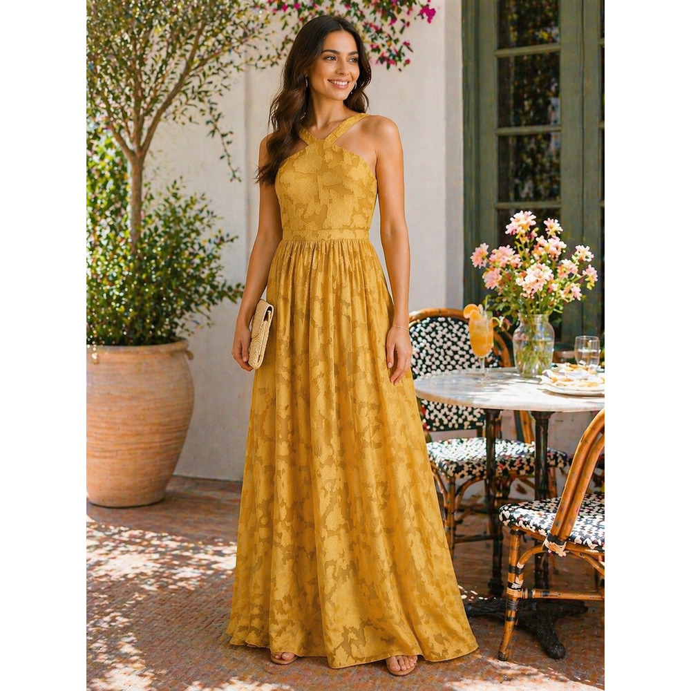 Mustard Yellow Burnout Floral Lulus Halter Maxi Dress Sz Small Romantic Flowy